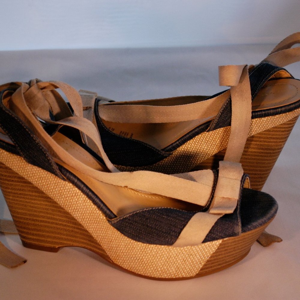 Andrea Wedge Sandals tie around ankle blue denim